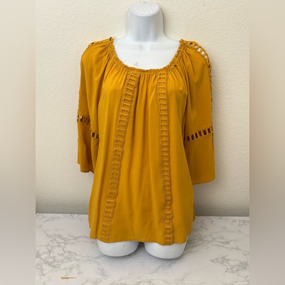 Melissa Paige Tops - Melissa Paige Womens Boho Top Blouse PM Petite Long Bell Sleeve Yellow Blouse